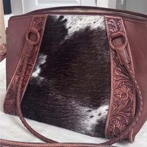 American Darling Brown Leather & Cowhide Tote with Hand-Tooled Floral Detail